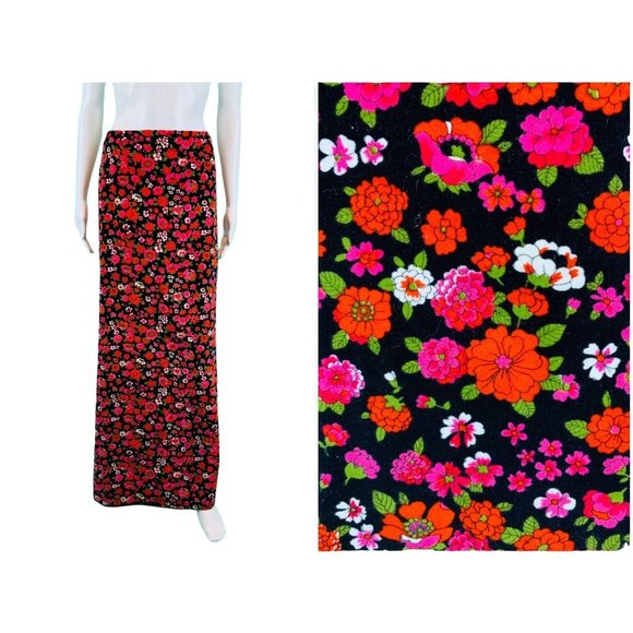 Vintage 70s Velvet Skirt Women's Small Floral Neon Pink Floral A Line Maxi - Picture 1 of 9